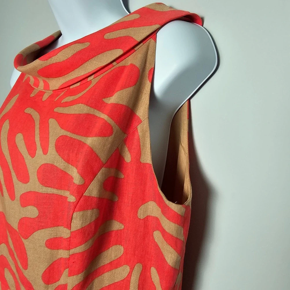 Donna Morgan Womens Linen Abstract Print Sheath Dress 8 Tan Coral Tropical Mod